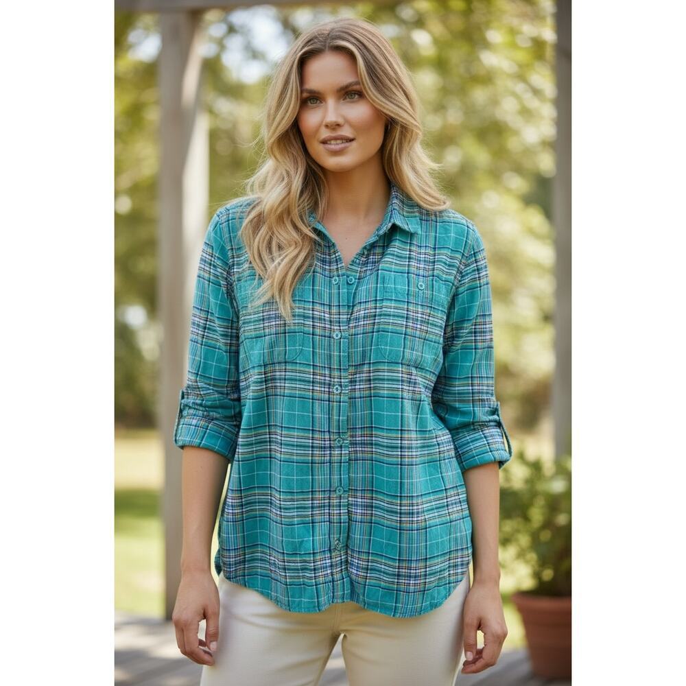 St. John's Bay Teal Plaid Button Down Shirt Size Large 100% Cotton
